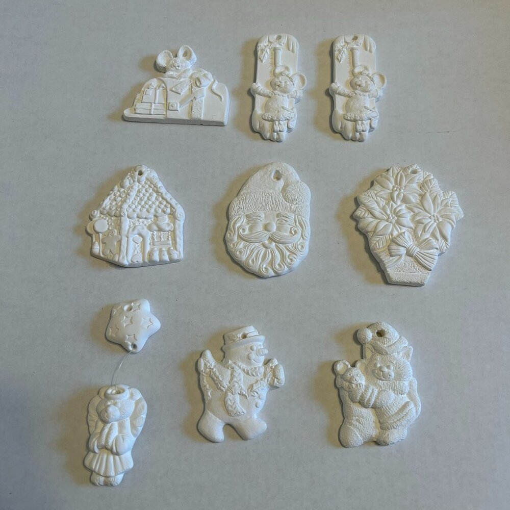 Bundle of 9 white paintable Christmas ornaments